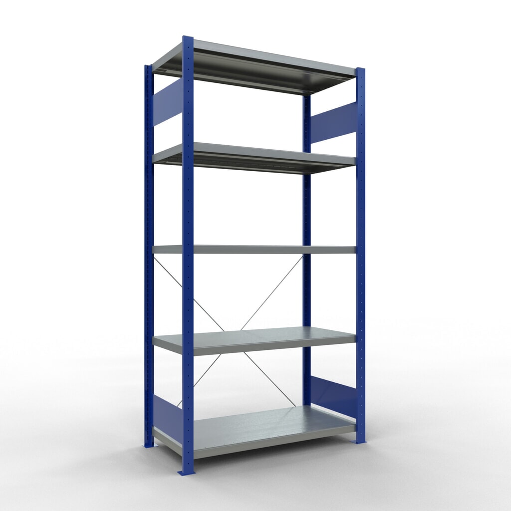 Scaffalatura a ripiani SCHULTE, blu genziana/zincato con 5 fondi in lamiera d'acciaio, portata per piano di 330 kg, AxLxP 2.000 x 1.060 x 536 mm Immagine del prodotto: Scaffalatura a ripiani SCHULTE, blu genziana/zincato con 5 fondi in lamiera d'acciaio, portata per piano di 330 kg, AxLxP 2.000 x 1.060 x 536 mm