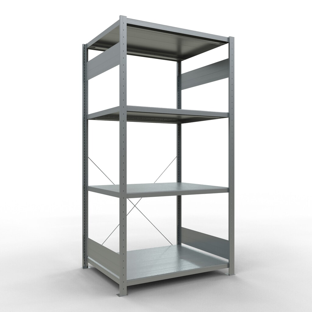 Scaffalatura a ripiani SCHULTE zincata con 5 fondi in lamiera d'acciaio, portata per piano di 330 kg, AxLxP 2.000 x 1.060 x 836 mm Immagine del prodotto: Scaffalatura a ripiani SCHULTE zincata con 5 fondi in lamiera d'acciaio, portata per piano di 330 kg, AxLxP 2.000 x 1.060 x 836 mm