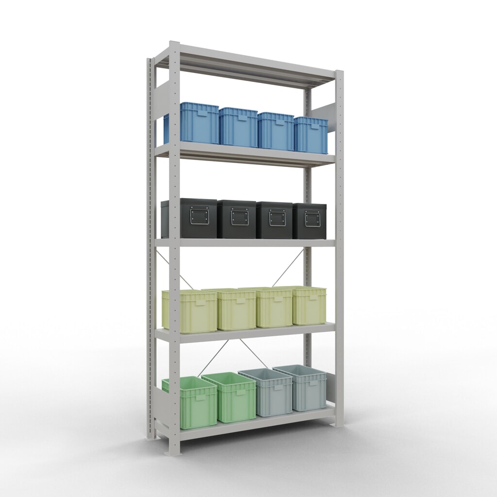 Scaffalatura a ripiani SCHULTE, grigio chiaro con 5 fondi in lamiera d'acciaio, portata per piano di 330 kg, AxLxP 2.000 x 1.060 x 336 mm Immagine del prodotto n. 3: Scaffalatura a ripiani SCHULTE, grigio chiaro con 5 fondi in lamiera d'acciaio, portata per piano di 330 kg, AxLxP 2.000 x 1.060 x 336 mm