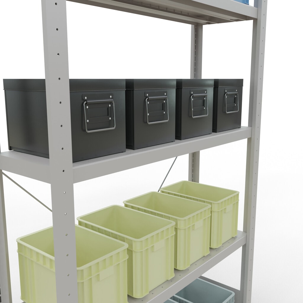 Scaffalatura a ripiani SCHULTE, grigio chiaro con 5 fondi in lamiera d'acciaio, portata per piano di 330 kg, AxLxP 2.000 x 1.060 x 336 mm Immagine del prodotto n. 4: Scaffalatura a ripiani SCHULTE, grigio chiaro con 5 fondi in lamiera d'acciaio, portata per piano di 330 kg, AxLxP 2.000 x 1.060 x 336 mm