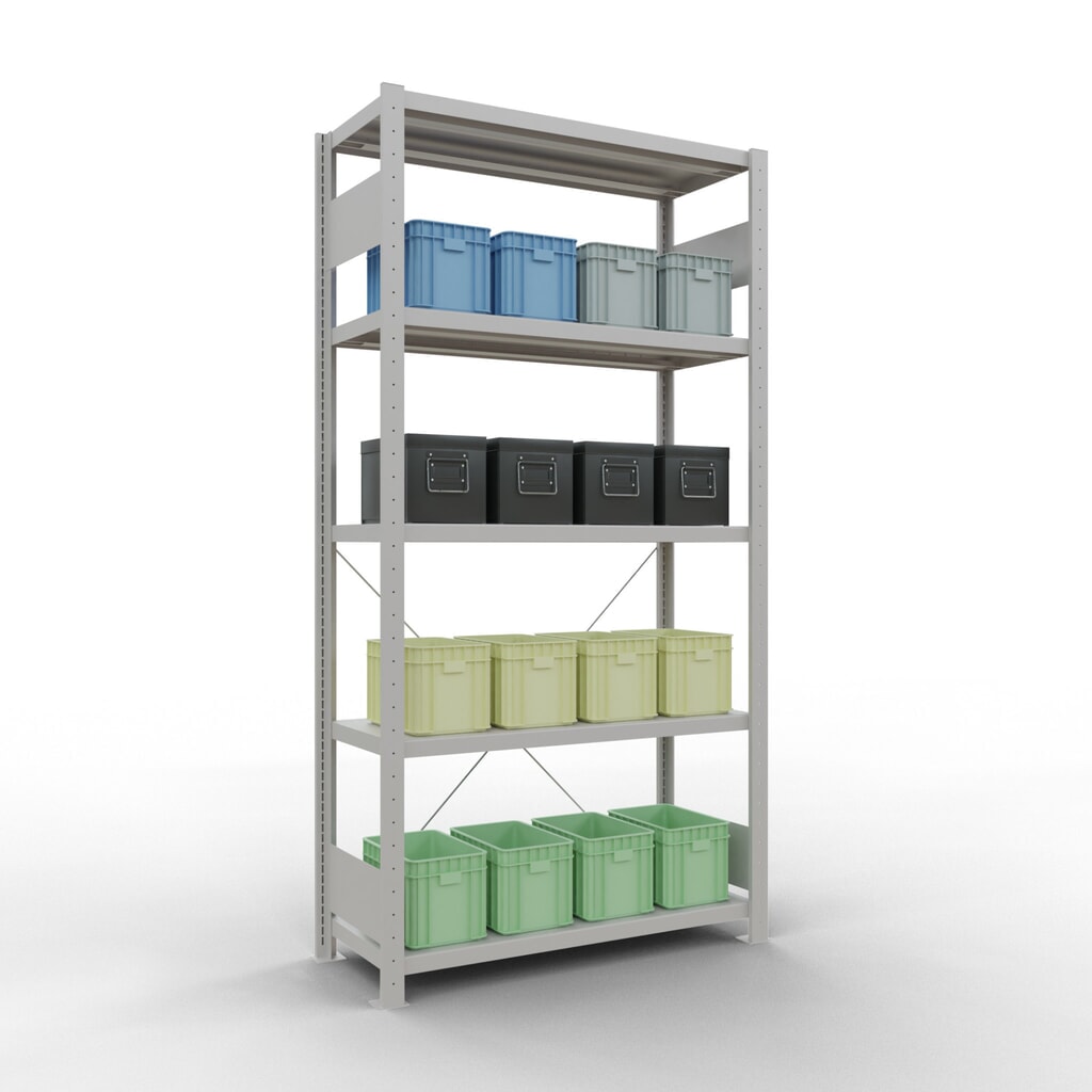 Scaffalatura a ripiani SCHULTE, grigio chiaro con 5 fondi in lamiera d'acciaio, portata per piano di 330 kg, AxLxP 2.000 x 1.060 x 436 mm Immagine del prodotto n. 3: Scaffalatura a ripiani SCHULTE, grigio chiaro con 5 fondi in lamiera d'acciaio, portata per piano di 330 kg, AxLxP 2.000 x 1.060 x 436 mm