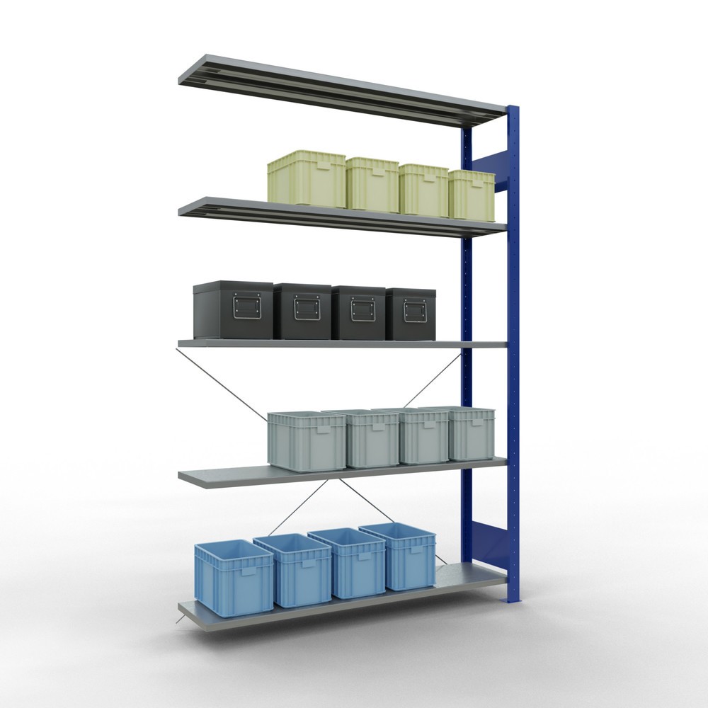 Immagine del prodotto n. 3: Scaffalatura a ripiani SCHULTE, sistema a incastro, campata aggiuntiva, portata per piano 150 kg, blu genziana/zincata, HxLxP 2.000 x 1.300 x 300 mm