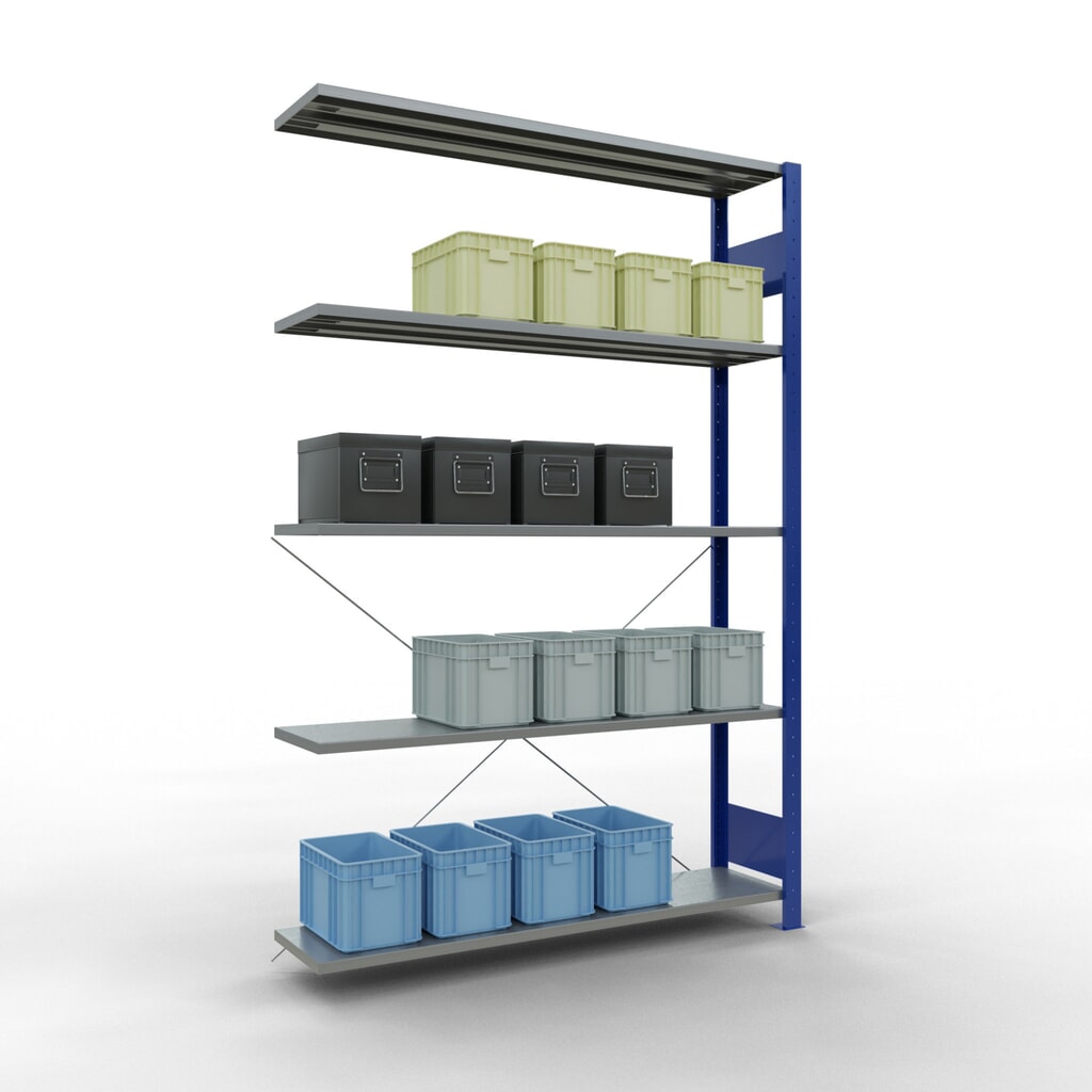 Immagine del prodotto n. 3: Scaffalatura a ripiani SCHULTE, sistema a incastro, campata aggiuntiva, portata per piano 150 kg, blu genziana/zincata, HxLxP 2.000 x 1.300 x 300 mm