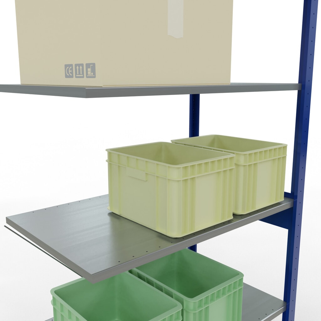 Scaffalatura a ripiani SCHULTE, sistema a incastro, campata aggiuntiva, portata per piano 150 kg, blu genziana/zincata, AxLxP 2.500 x 1.000 x 600 mm Immagine del prodotto n. 3: Scaffalatura a ripiani SCHULTE, sistema a incastro, campata aggiuntiva, portata per piano 150 kg, blu genziana/zincata, AxLxP 2.500 x 1.000 x 600 mm