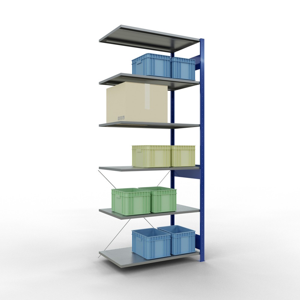 Immagine del prodotto n. 4: Scaffalatura a ripiani SCHULTE, sistema a incastro, campata aggiuntiva, portata per piano 150 kg, blu genziana/zincata, AxLxP 2.500 x 1.000 x 600 mm