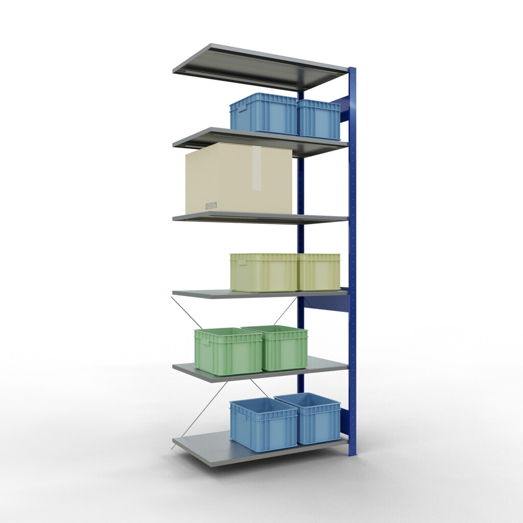 Immagine del prodotto n. 4: Scaffalatura a ripiani SCHULTE, sistema a incastro, campata aggiuntiva, portata per piano 150 kg, blu genziana/zincata, AxLxP 2.500 x 1.000 x 600 mm