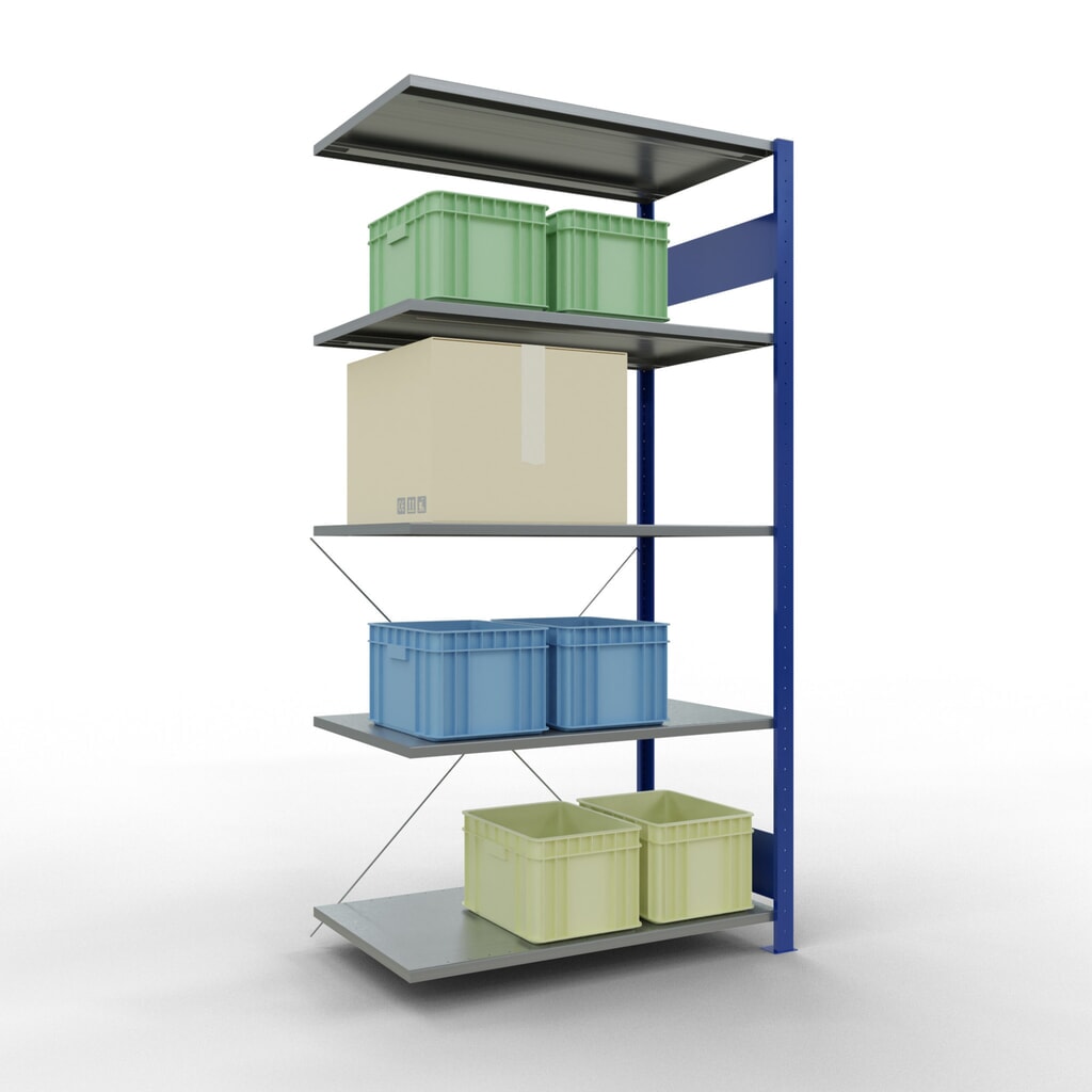 Scaffalatura a ripiani SCHULTE, sistema a incastro, campata aggiuntiva, portata per piano 150 kg, blu genziana/zincata, AxLxP 2.000 x 1.000 x 600 mm Immagine del prodotto n. 4: Scaffalatura a ripiani SCHULTE, sistema a incastro, campata aggiuntiva, portata per piano 150 kg, blu genziana/zincata, AxLxP 2.000 x 1.000 x 600 mm