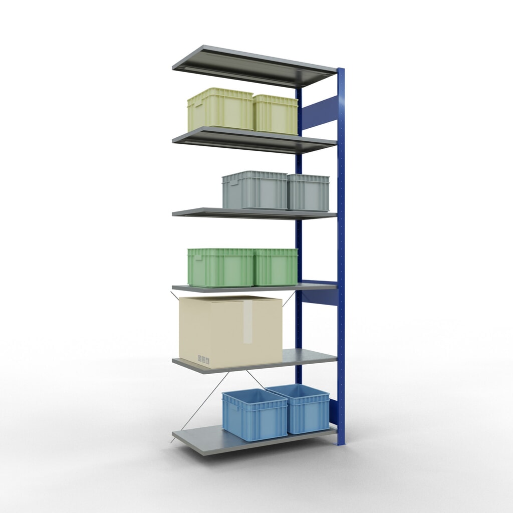Scaffalatura a ripiani SCHULTE, sistema a incastro, campata aggiuntiva, portata per piano 150 kg, blu genziana/zincata, AxLxP 2.500 x 1.000 x 500 mm Immagine del prodotto n. 4: Scaffalatura a ripiani SCHULTE, sistema a incastro, campata aggiuntiva, portata per piano 150 kg, blu genziana/zincata, AxLxP 2.500 x 1.000 x 500 mm