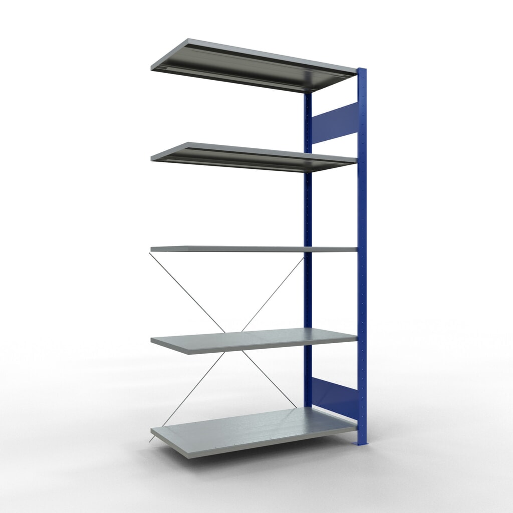 Immagine del prodotto: Scaffalatura a ripiani SCHULTE, sistema a incastro, campata aggiuntiva, portata per piano 150 kg, blu genziana/zincata, AxLxP 2.000 x 1.000 x 500 mm