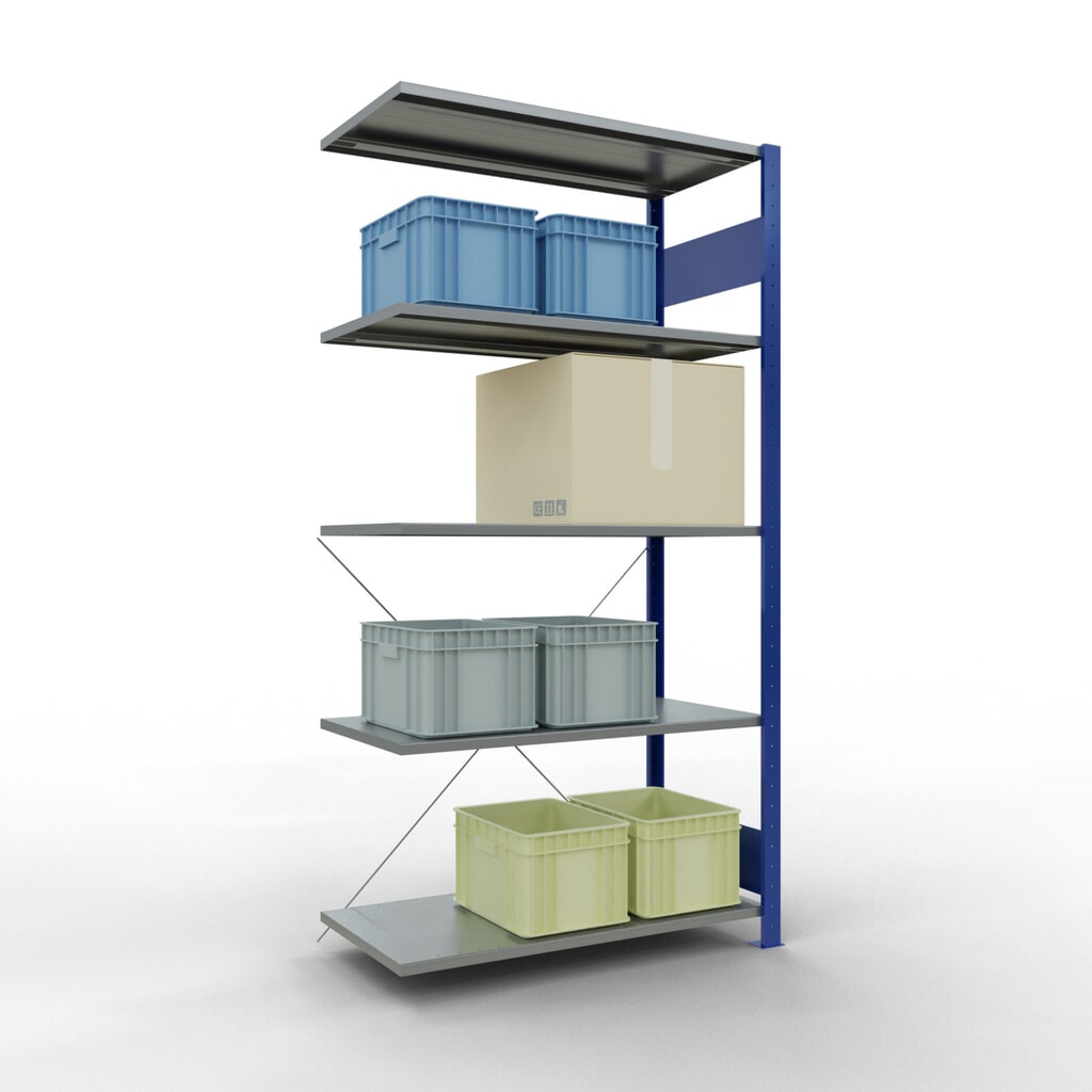 Scaffalatura a ripiani SCHULTE, sistema a incastro, campata aggiuntiva, portata per piano 150 kg, blu genziana/zincata, AxLxP 2.000 x 1.000 x 500 mm Immagine del prodotto n. 4: Scaffalatura a ripiani SCHULTE, sistema a incastro, campata aggiuntiva, portata per piano 150 kg, blu genziana/zincata, AxLxP 2.000 x 1.000 x 500 mm