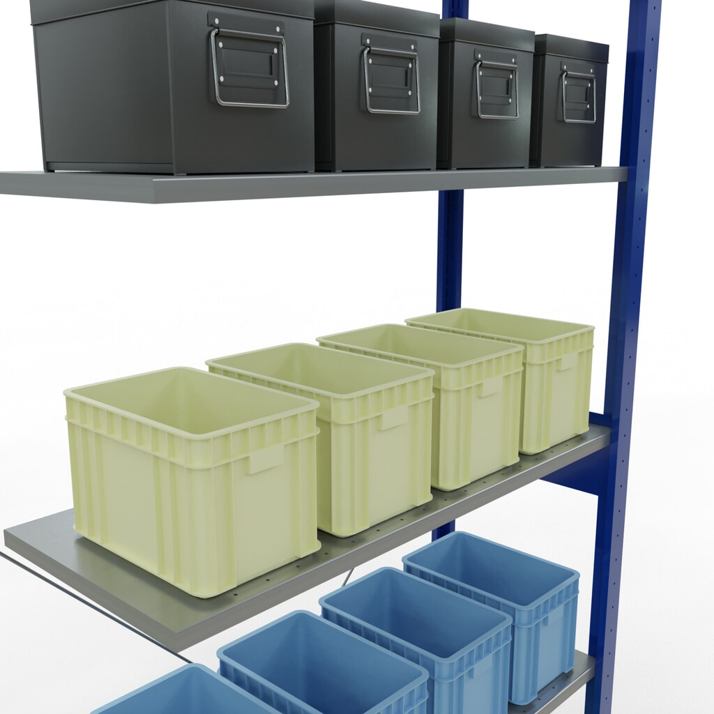 Scaffalatura a ripiani SCHULTE, sistema a incastro, campata aggiuntiva, portata per piano 150 kg, blu genziana/zincata, AxLxP 2.500 x 1.000 x 400 mm Immagine del prodotto n. 3: Scaffalatura a ripiani SCHULTE, sistema a incastro, campata aggiuntiva, portata per piano 150 kg, blu genziana/zincata, AxLxP 2.500 x 1.000 x 400 mm
