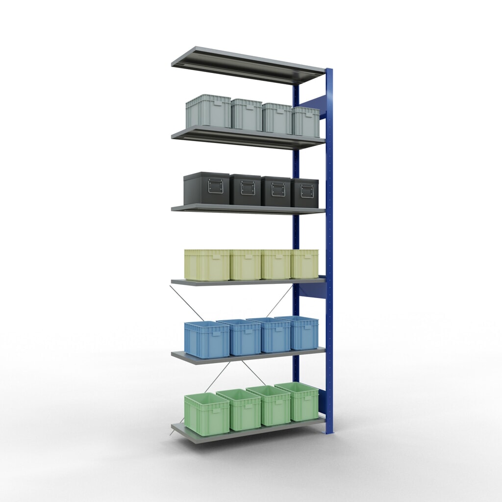 Scaffalatura a ripiani SCHULTE, sistema a incastro, campata aggiuntiva, portata per piano 150 kg, blu genziana/zincata, AxLxP 2.500 x 1.000 x 400 mm Immagine del prodotto n. 4: Scaffalatura a ripiani SCHULTE, sistema a incastro, campata aggiuntiva, portata per piano 150 kg, blu genziana/zincata, AxLxP 2.500 x 1.000 x 400 mm