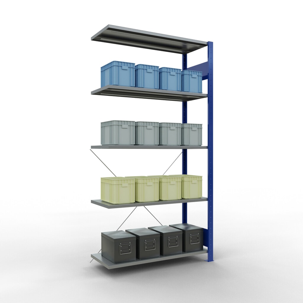 Immagine del prodotto n. 4: Scaffalatura a ripiani SCHULTE, sistema a incastro, campata aggiuntiva, portata per piano 150 kg, blu genziana/zincata, AxLxP 2.000 x 1.000 x 400 mm