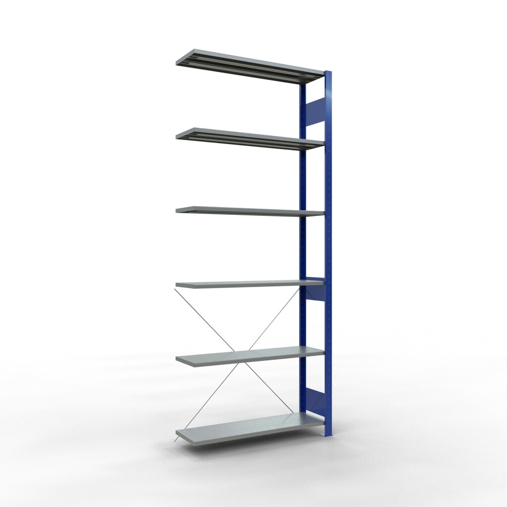 Immagine del prodotto: Scaffalatura a ripiani SCHULTE, sistema a incastro, campata aggiuntiva, portata per piano 150 kg, blu genziana/zincata, HxLxP 2.500 x 1.000 x 300 mm