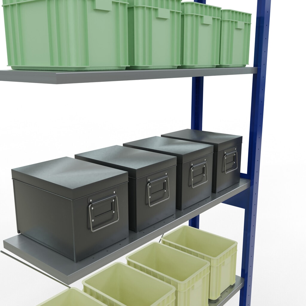 Immagine del prodotto n. 3: Scaffalatura a ripiani SCHULTE, sistema a incastro, campata aggiuntiva, portata per piano 150 kg, blu genziana/zincata, HxLxP 2.500 x 1.000 x 300 mm