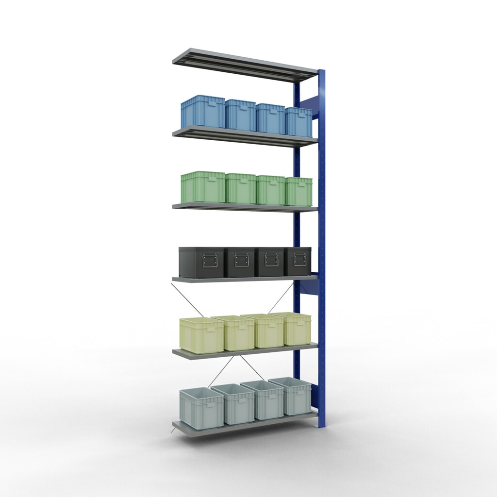 Scaffalatura a ripiani SCHULTE, sistema a incastro, campata aggiuntiva, portata per piano 150 kg, blu genziana/zincata, HxLxP 2.500 x 1.000 x 300 mm Immagine del prodotto n. 4: Scaffalatura a ripiani SCHULTE, sistema a incastro, campata aggiuntiva, portata per piano 150 kg, blu genziana/zincata, HxLxP 2.500 x 1.000 x 300 mm