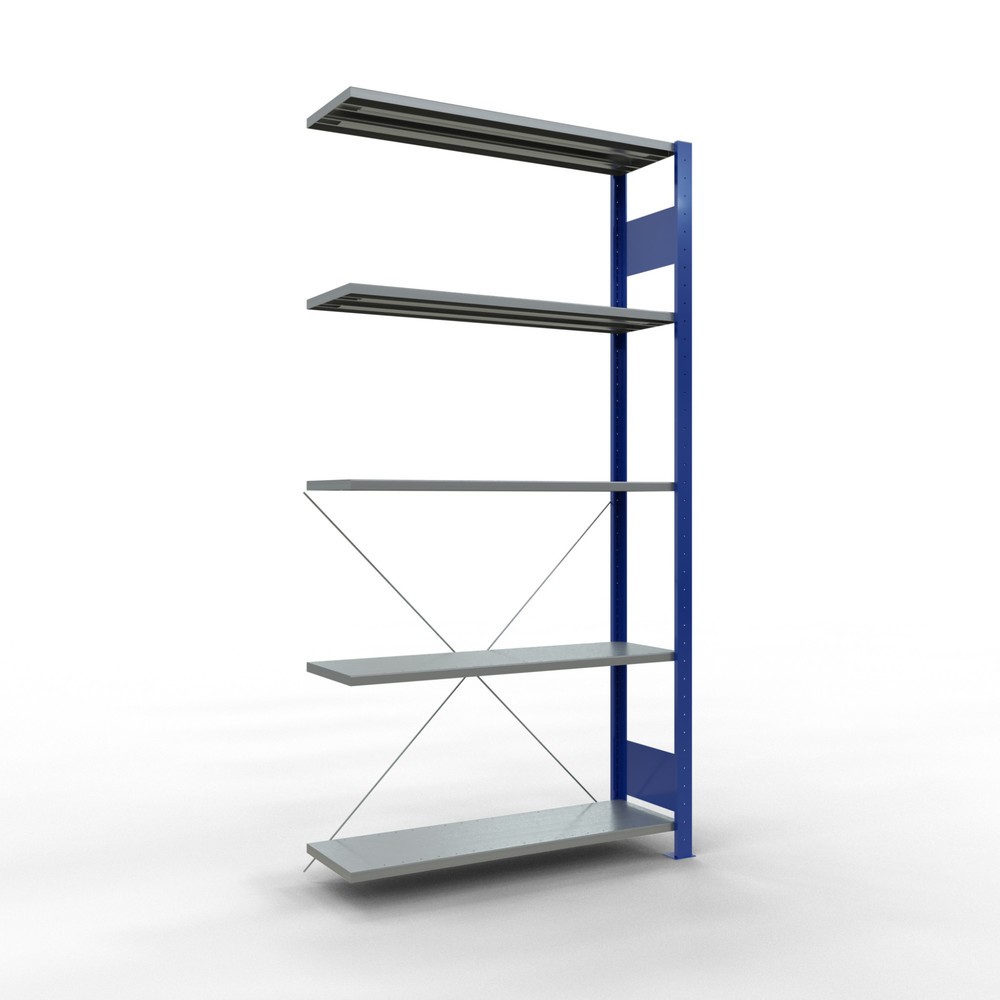Immagine del prodotto: Scaffalatura a ripiani SCHULTE, sistema a incastro, campata aggiuntiva, portata per piano 150 kg, blu genziana/zincata, AxLxP 2.000 x 1.000 x 300 mm