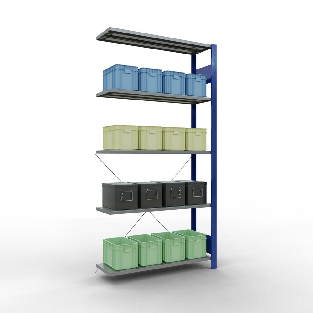 Immagine del prodotto n. 4: Scaffalatura a ripiani SCHULTE, sistema a incastro, campata aggiuntiva, portata per piano 150 kg, blu genziana/zincata, AxLxP 2.000 x 1.000 x 300 mm