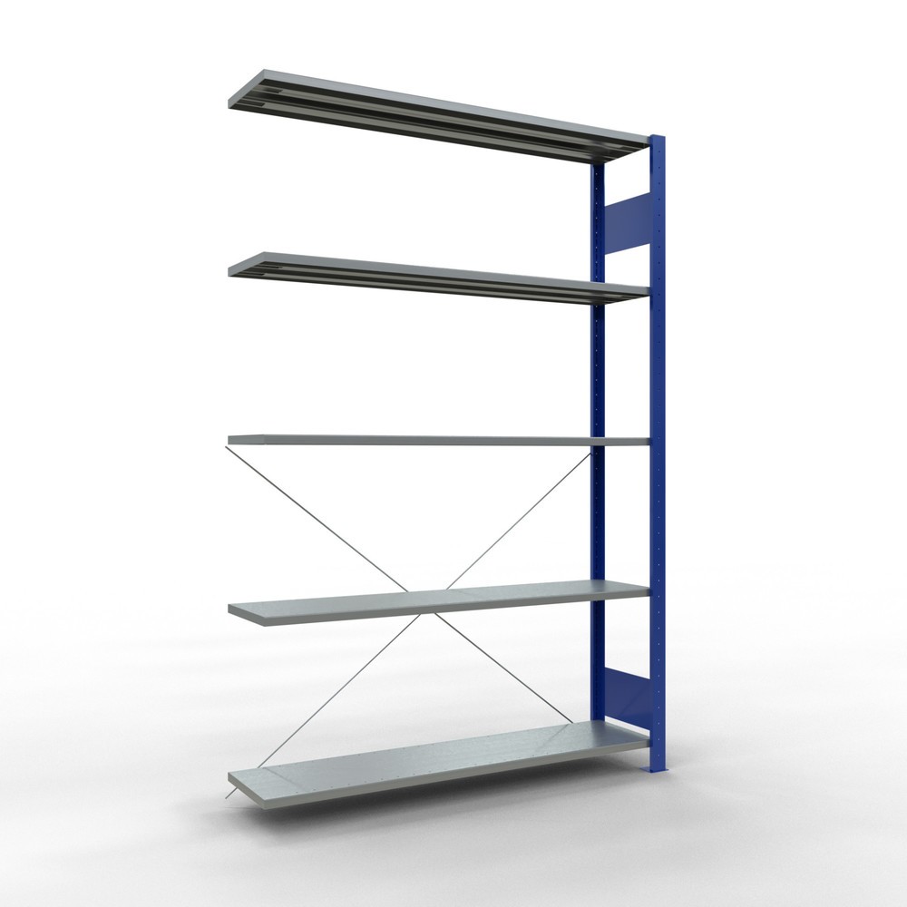 Immagine del prodotto: Scaffalatura a ripiani SCHULTE, sistema a incastro, campata aggiuntiva, portata per piano 150 kg, blu genziana/zincata, HxLxP 2.000 x 1.300 x 300 mm