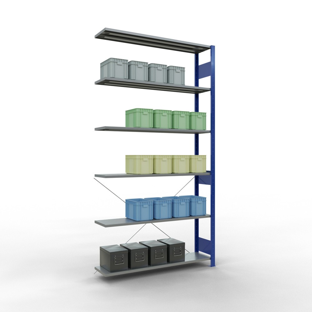Immagine del prodotto n. 3: Scaffalatura a ripiani SCHULTE, sistema a incastro, campata aggiuntiva, portata per piano 150 kg, blu genziana/zincata, HxLxP 2.500 x 1.300 x 300 mm