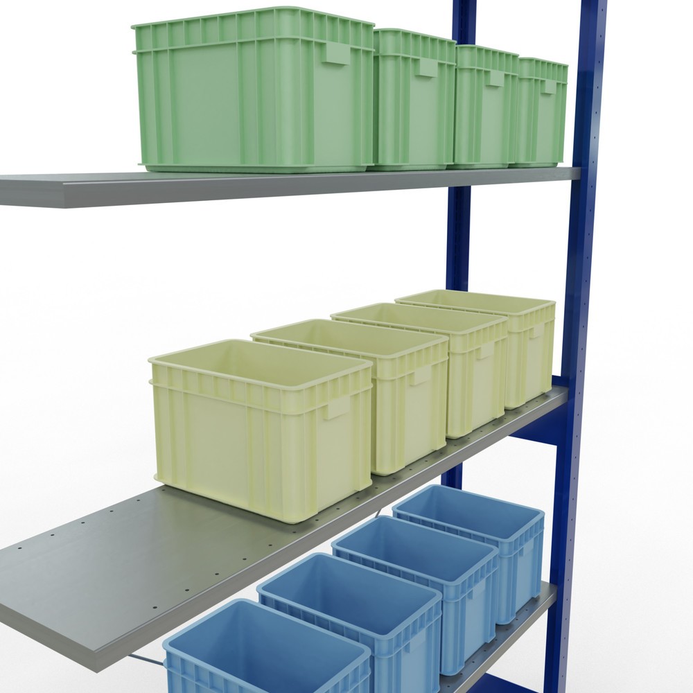Immagine del prodotto n. 4: Scaffalatura a ripiani SCHULTE, sistema a incastro, campata aggiuntiva, portata per piano 150 kg, blu genziana/zincata, HxLxP 2.500 x 1.300 x 300 mm