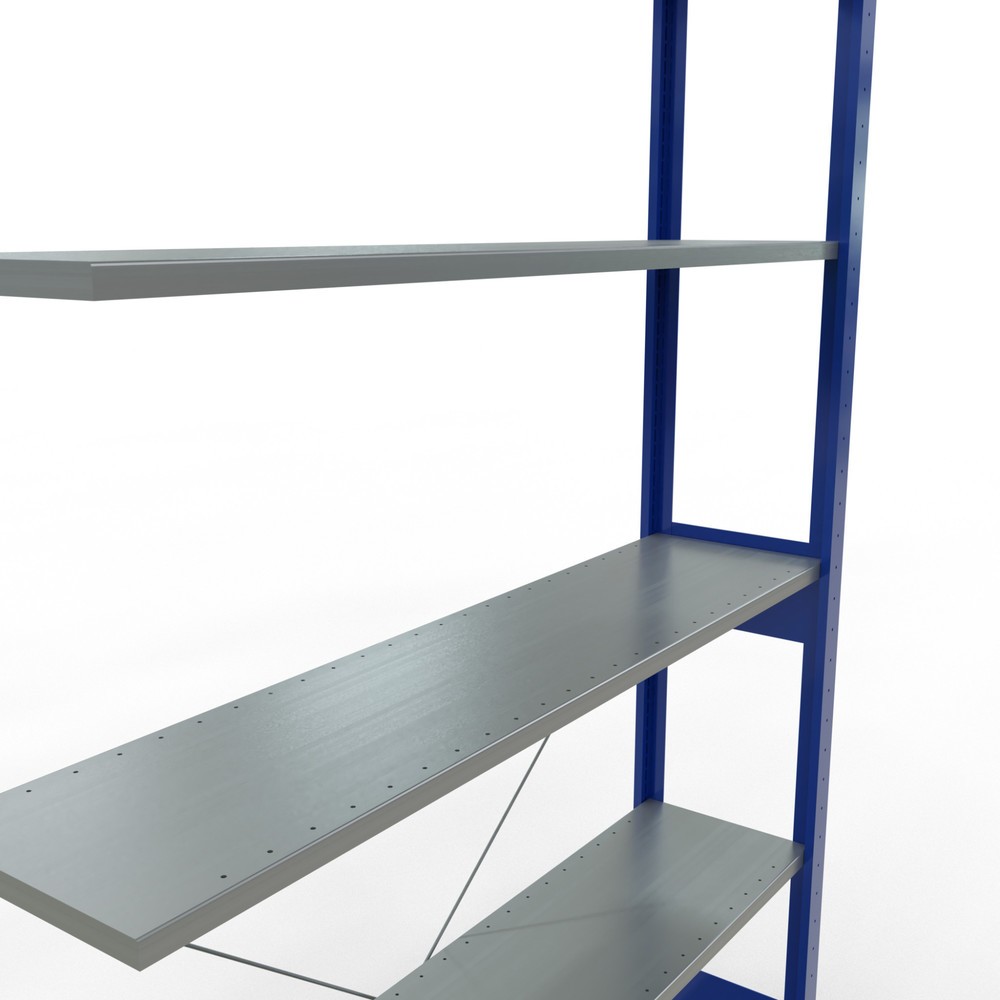 Immagine del prodotto n. 5: Scaffalatura a ripiani SCHULTE, sistema a incastro, campata aggiuntiva, portata per piano 150 kg, blu genziana/zincata, HxLxP 2.500 x 1.300 x 300 mm