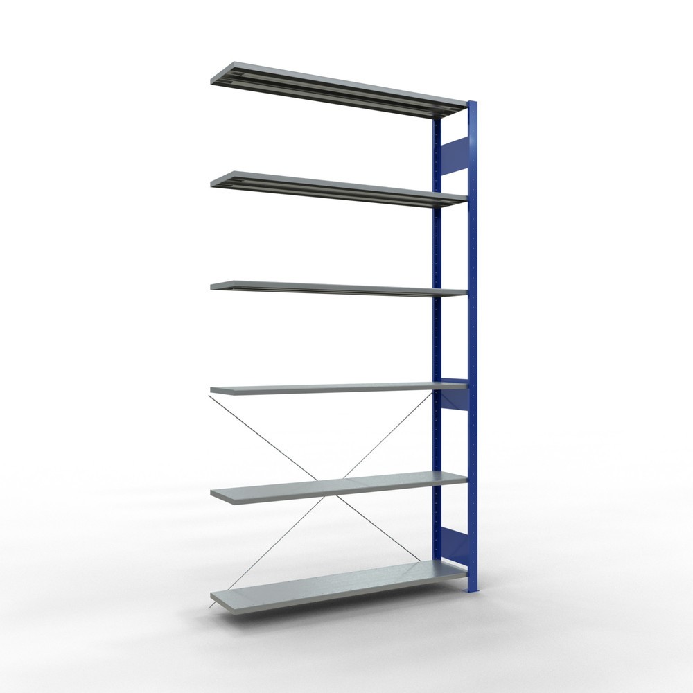 Immagine del prodotto: Scaffalatura a ripiani SCHULTE, sistema a incastro, campata aggiuntiva, portata per piano 150 kg, blu genziana/zincata, HxLxP 2.500 x 1.300 x 300 mm