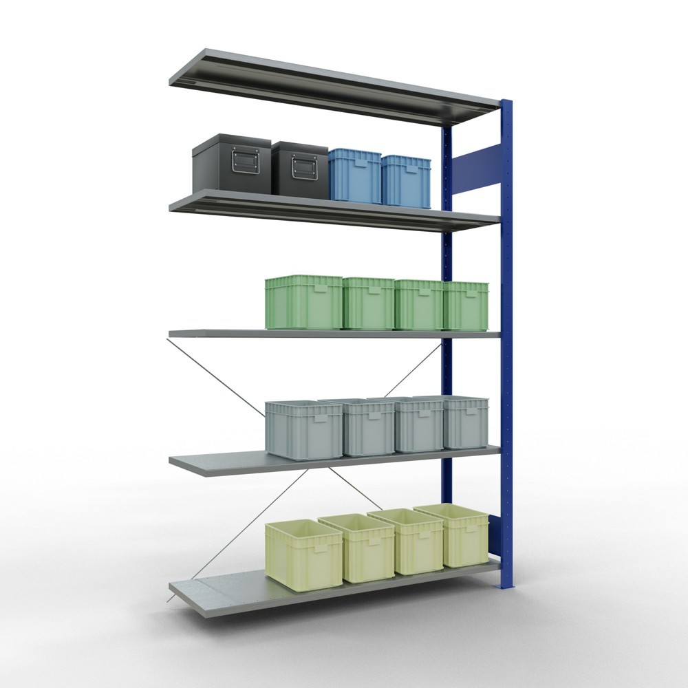 Immagine del prodotto n. 3: Scaffalatura a ripiani SCHULTE, sistema a incastro, campata aggiuntiva, portata per piano 150 kg, blu genziana/zincata, HxLxP 2.000 x 1.300 x 400 mm