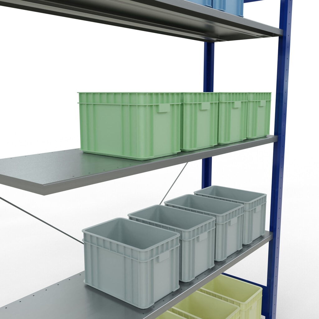 Immagine del prodotto n. 4: Scaffalatura a ripiani SCHULTE, sistema a incastro, campata aggiuntiva, portata per piano 150 kg, blu genziana/zincata, HxLxP 2.000 x 1.300 x 400 mm