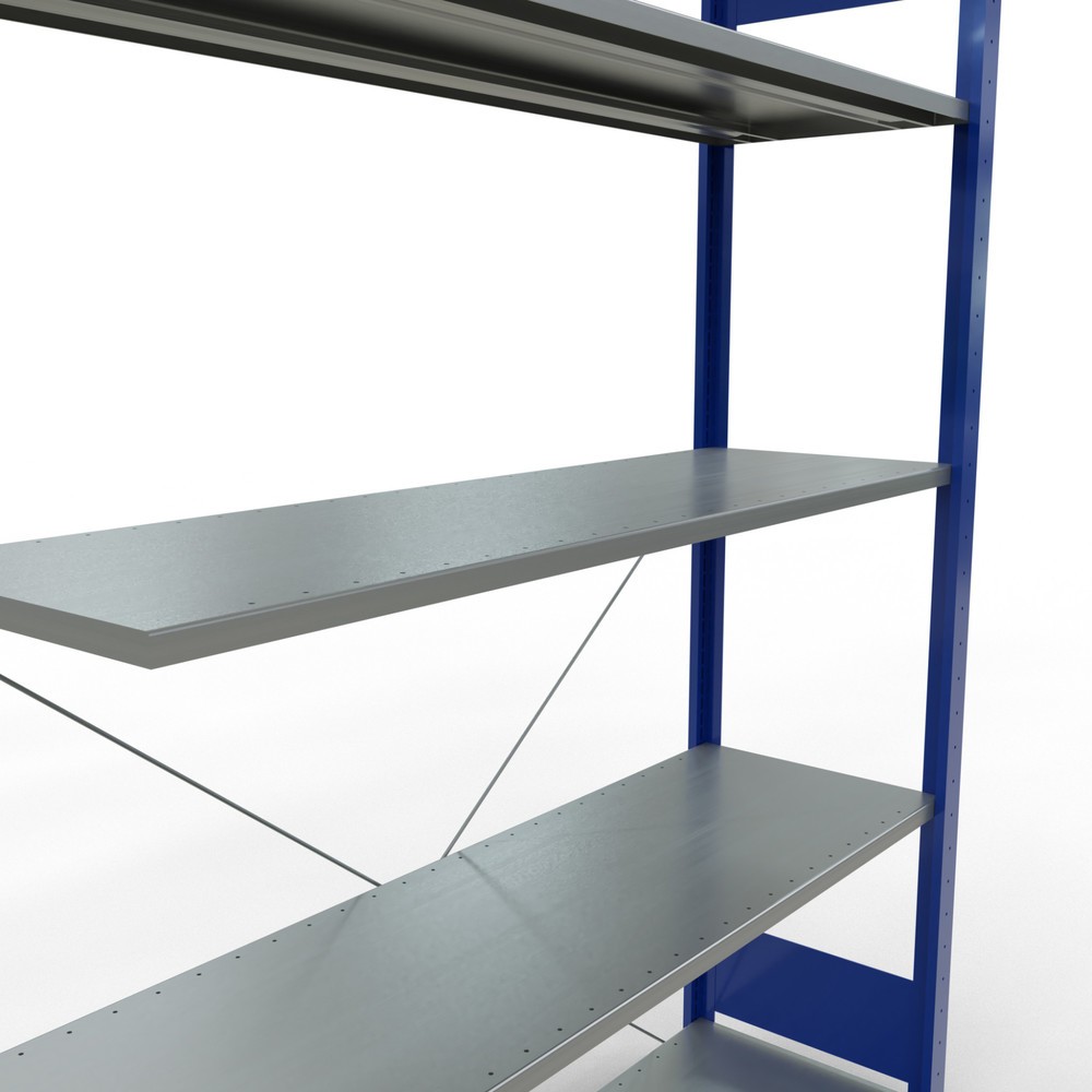 Immagine del prodotto n. 5: Scaffalatura a ripiani SCHULTE, sistema a incastro, campata aggiuntiva, portata per piano 150 kg, blu genziana/zincata, HxLxP 2.000 x 1.300 x 400 mm