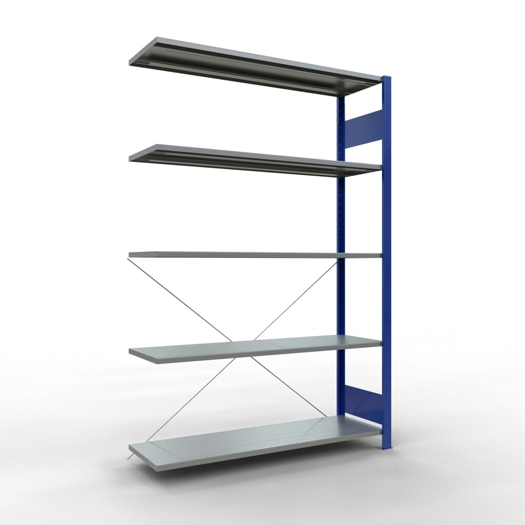 Immagine del prodotto: Scaffalatura a ripiani SCHULTE, sistema a incastro, campata aggiuntiva, portata per piano 150 kg, blu genziana/zincata, HxLxP 2.000 x 1.300 x 400 mm