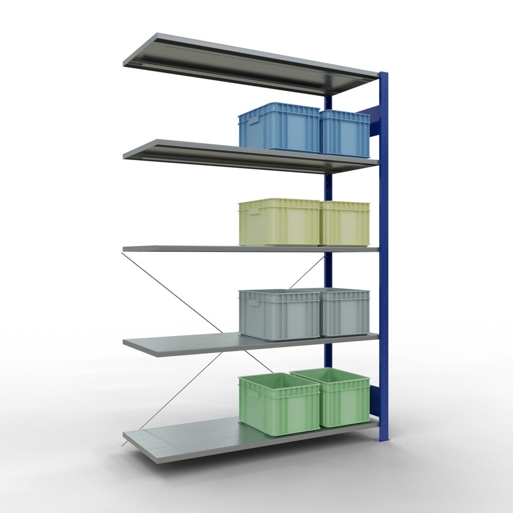 Immagine del prodotto n. 3: Scaffalatura a ripiani SCHULTE, sistema a incastro, campata aggiuntiva, portata per piano 150 kg, blu genziana/zincata, HxLxP 2.000 x 1.300 x 500 mm
