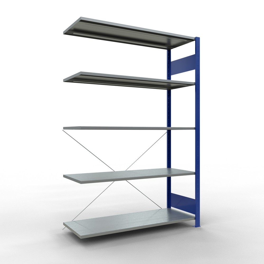 Immagine del prodotto: Scaffalatura a ripiani SCHULTE, sistema a incastro, campata aggiuntiva, portata per piano 150 kg, blu genziana/zincata, HxLxP 2.000 x 1.300 x 500 mm