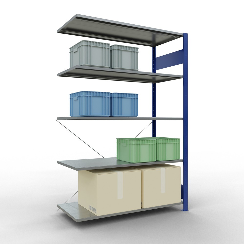 Immagine del prodotto n. 3: Scaffalatura a ripiani SCHULTE, sistema a incastro, campata aggiuntiva, portata per piano 150 kg, blu genziana/zincata, AxLxP 2.000 x 1.300 x 600 mm