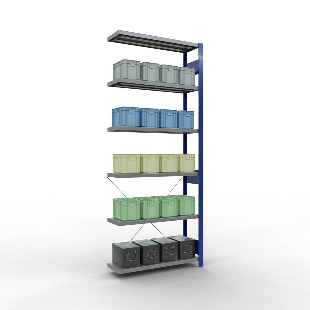 Immagine del prodotto n. 3: Scaffalatura a ripiani SCHULTE, montaggio a incastro, campata aggiuntiva, portata per piano 330 kg, blu genziana/zincata, HxLxP 2.500 x 1.000 x 300 mm