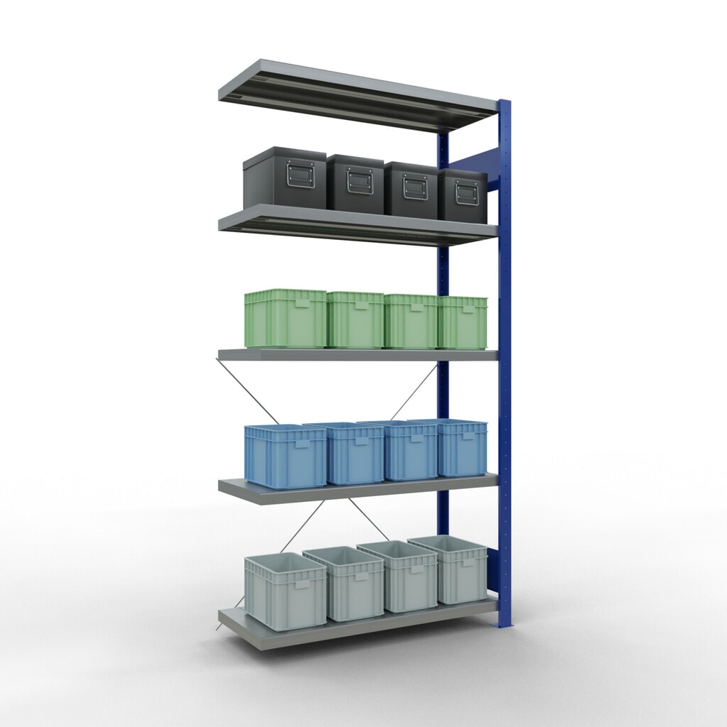 Scaffalatura a ripiani SCHULTE, montaggio a incastro, campata aggiuntiva, portata per piano 330 kg, blu genziana/zincata, AxLxP 2.000 x 1.000 x 400 mm Immagine del prodotto n. 3: Scaffalatura a ripiani SCHULTE, montaggio a incastro, campata aggiuntiva, portata per piano 330 kg, blu genziana/zincata, AxLxP 2.000 x 1.000 x 400 mm