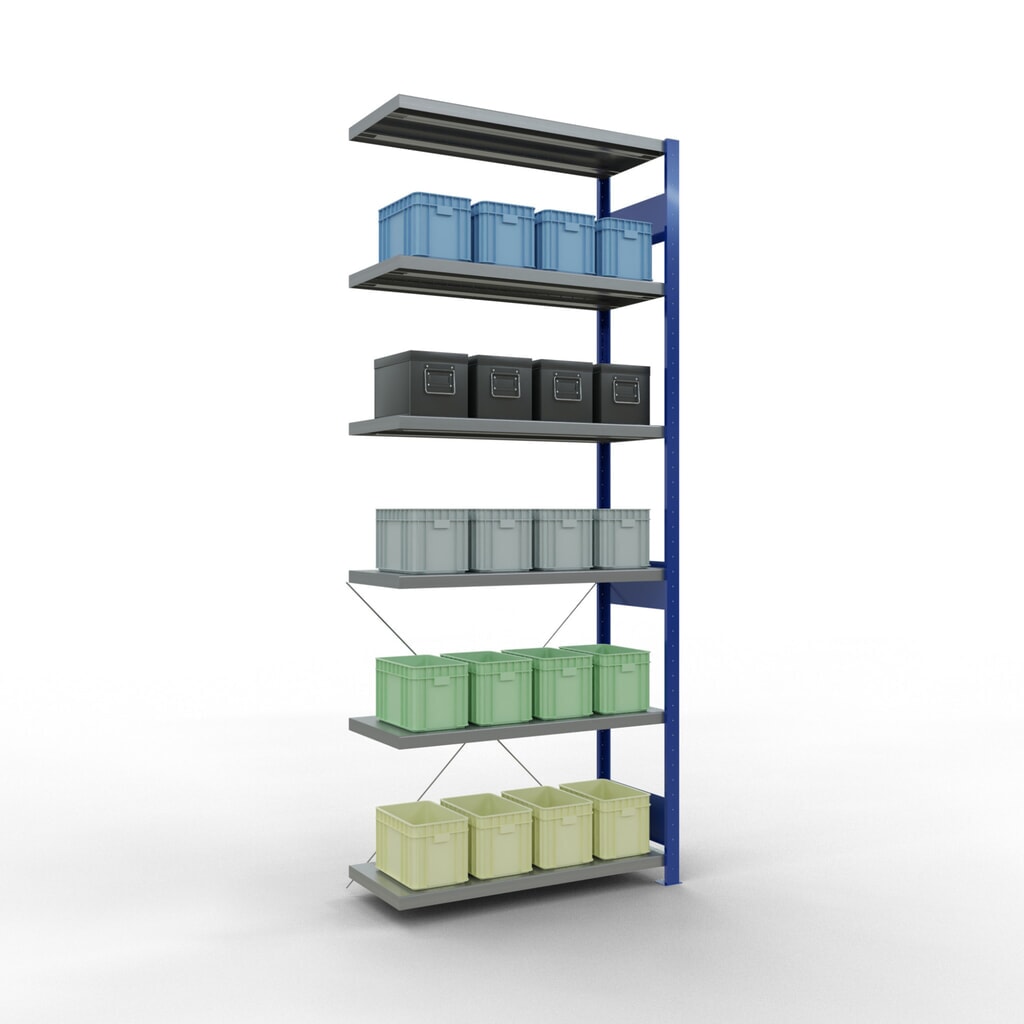 Scaffalatura a ripiani SCHULTE, montaggio a incastro, campata aggiuntiva, portata per piano 330 kg, blu genziana/zincata, AxLxP 2.500 x 1.000 x 400 mm Immagine del prodotto n. 3: Scaffalatura a ripiani SCHULTE, montaggio a incastro, campata aggiuntiva, portata per piano 330 kg, blu genziana/zincata, AxLxP 2.500 x 1.000 x 400 mm