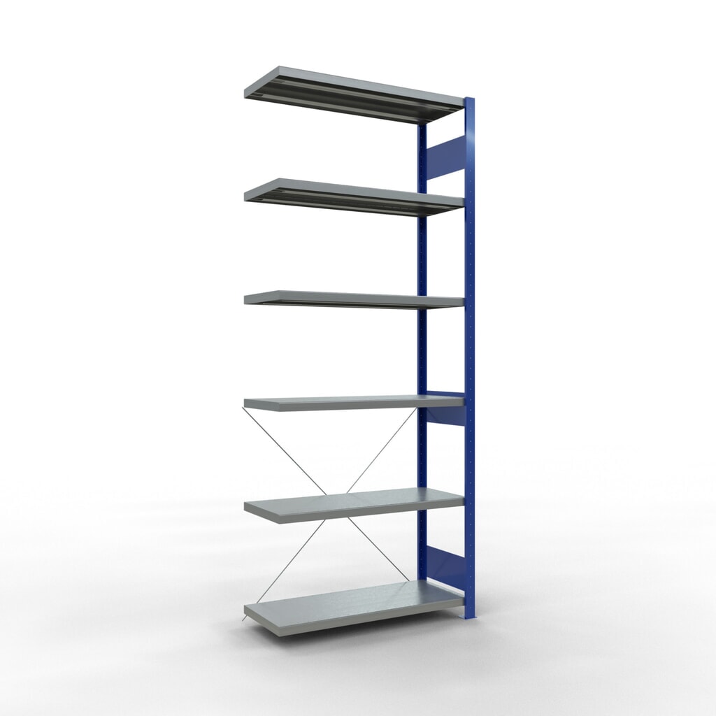 Immagine del prodotto: Scaffalatura a ripiani SCHULTE, montaggio a incastro, campata aggiuntiva, portata per piano 330 kg, blu genziana/zincata, AxLxP 2.500 x 1.000 x 400 mm