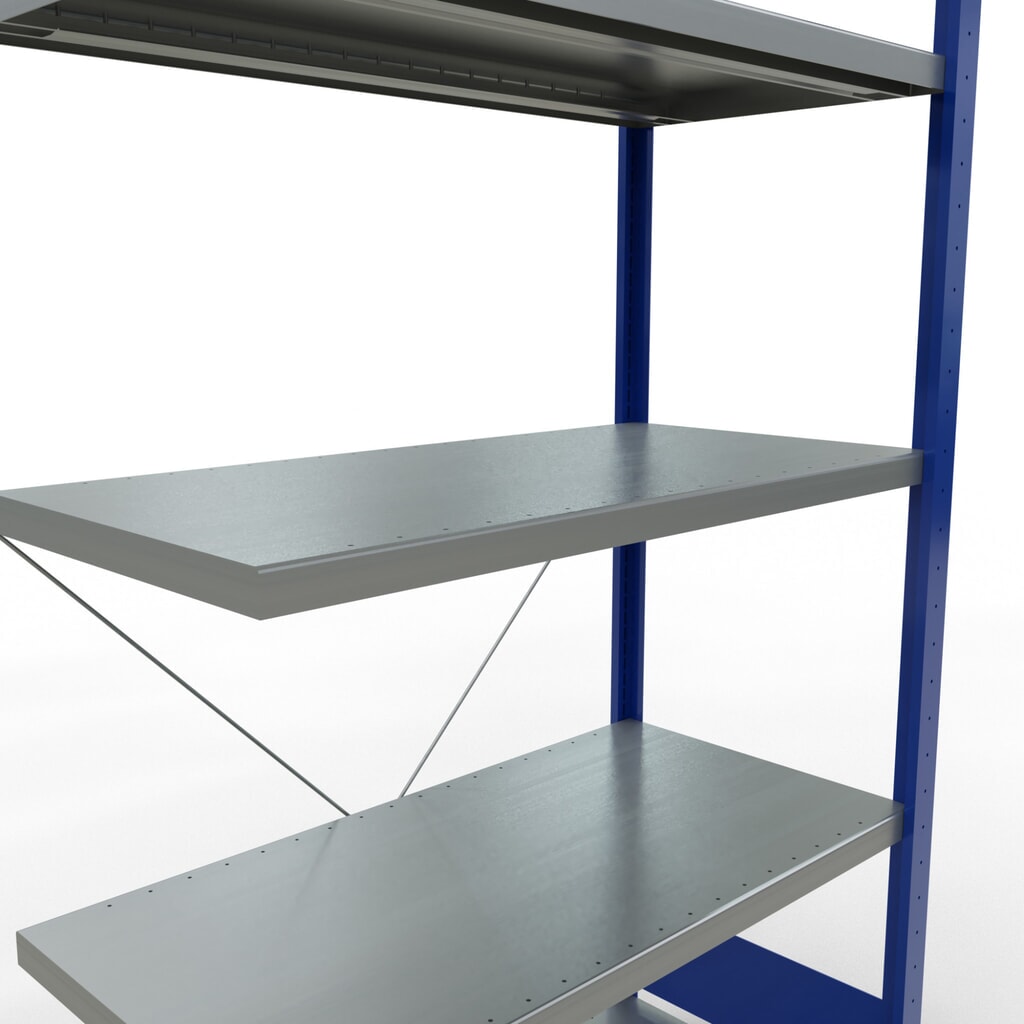 Scaffalatura a ripiani SCHULTE, montaggio a incastro, campata aggiuntiva, portata per piano 330 kg, blu genziana/zincata, AxLxP 2.000 x 1.000 x 500 mm Immagine del prodotto n. 5: Scaffalatura a ripiani SCHULTE, montaggio a incastro, campata aggiuntiva, portata per piano 330 kg, blu genziana/zincata, AxLxP 2.000 x 1.000 x 500 mm