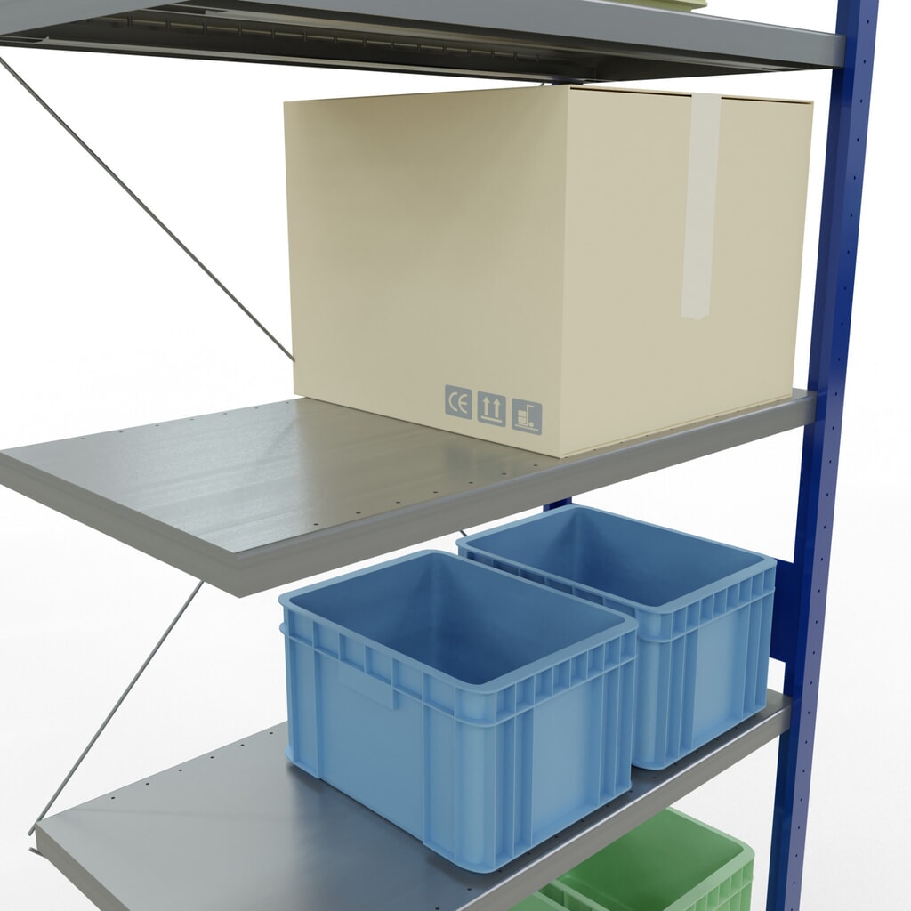 Scaffalatura a ripiani SCHULTE, montaggio a incastro, campata aggiuntiva, portata per piano 330 kg, blu genziana/zincata, AxLxP 3.000 x 1.000 x 500 mm Immagine del prodotto n. 4: Scaffalatura a ripiani SCHULTE, montaggio a incastro, campata aggiuntiva, portata per piano 330 kg, blu genziana/zincata, AxLxP 3.000 x 1.000 x 500 mm