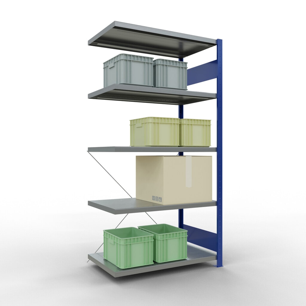 Scaffalatura a ripiani SCHULTE, montaggio a incastro, campata aggiuntiva, portata per piano 330 kg, blu genziana/zincata, AxLxP 2.000 x 1.000 x 600 mm Immagine del prodotto n. 3: Scaffalatura a ripiani SCHULTE, montaggio a incastro, campata aggiuntiva, portata per piano 330 kg, blu genziana/zincata, AxLxP 2.000 x 1.000 x 600 mm