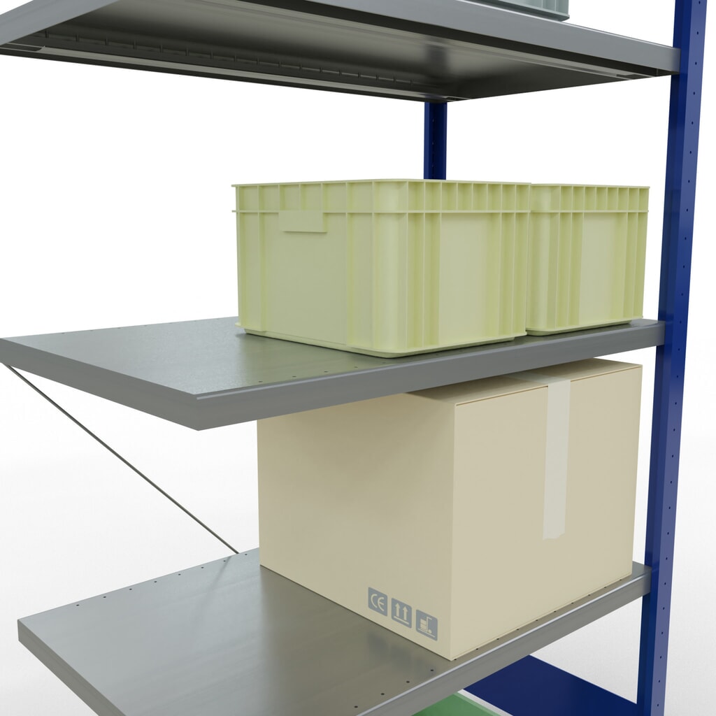 Scaffalatura a ripiani SCHULTE, montaggio a incastro, campata aggiuntiva, portata per piano 330 kg, blu genziana/zincata, AxLxP 2.000 x 1.000 x 600 mm Immagine del prodotto n. 4: Scaffalatura a ripiani SCHULTE, montaggio a incastro, campata aggiuntiva, portata per piano 330 kg, blu genziana/zincata, AxLxP 2.000 x 1.000 x 600 mm