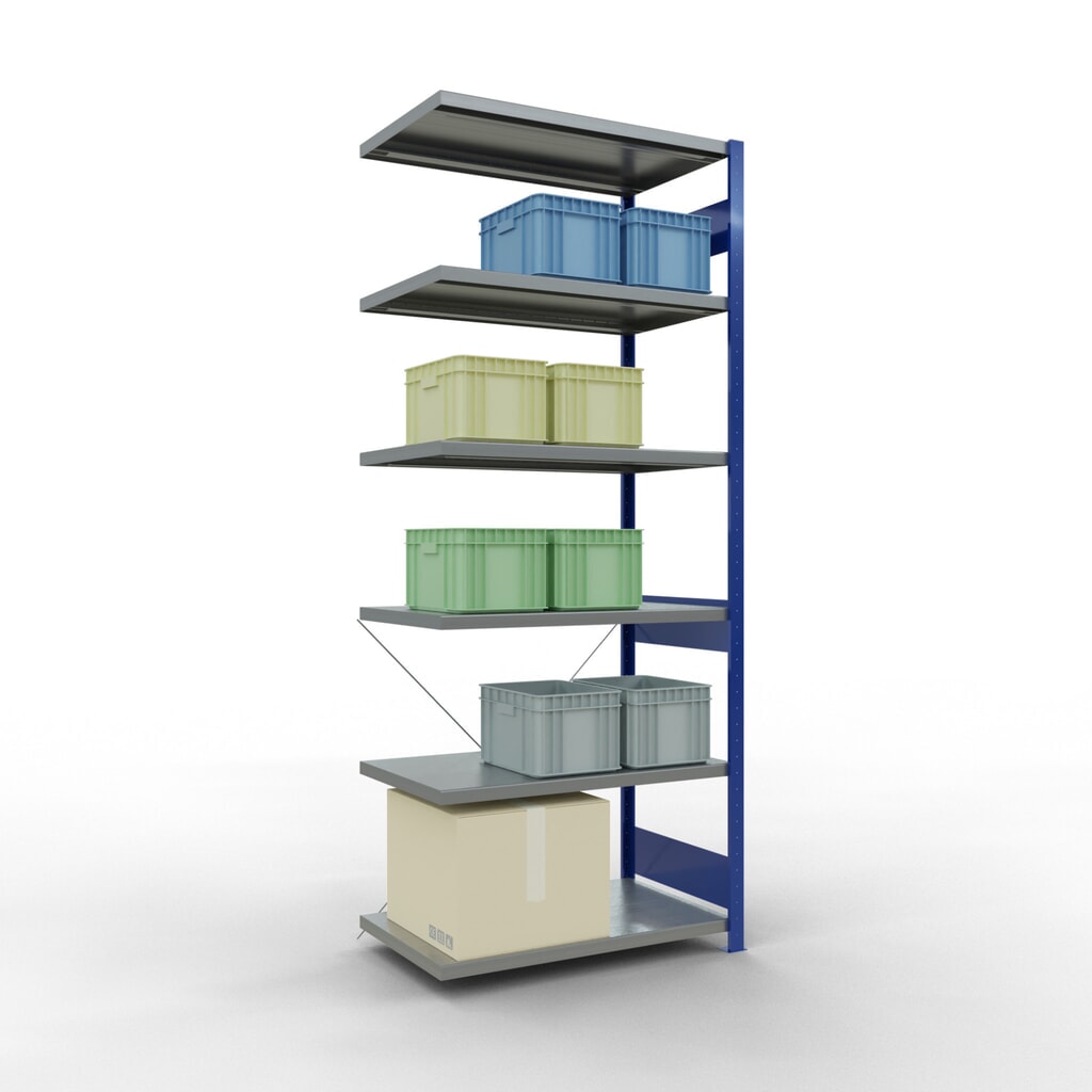 Scaffalatura a ripiani SCHULTE, montaggio a incastro, campata aggiuntiva, portata per piano 330 kg, blu genziana/zincata, AxLxP 2.500 x 1.000 x 600 mm Immagine del prodotto n. 3: Scaffalatura a ripiani SCHULTE, montaggio a incastro, campata aggiuntiva, portata per piano 330 kg, blu genziana/zincata, AxLxP 2.500 x 1.000 x 600 mm