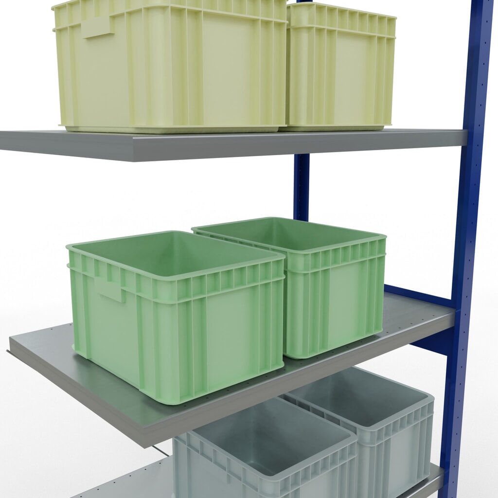 Scaffalatura a ripiani SCHULTE, montaggio a incastro, campata aggiuntiva, portata per piano 330 kg, blu genziana/zincata, AxLxP 2.500 x 1.000 x 600 mm Immagine del prodotto n. 4: Scaffalatura a ripiani SCHULTE, montaggio a incastro, campata aggiuntiva, portata per piano 330 kg, blu genziana/zincata, AxLxP 2.500 x 1.000 x 600 mm