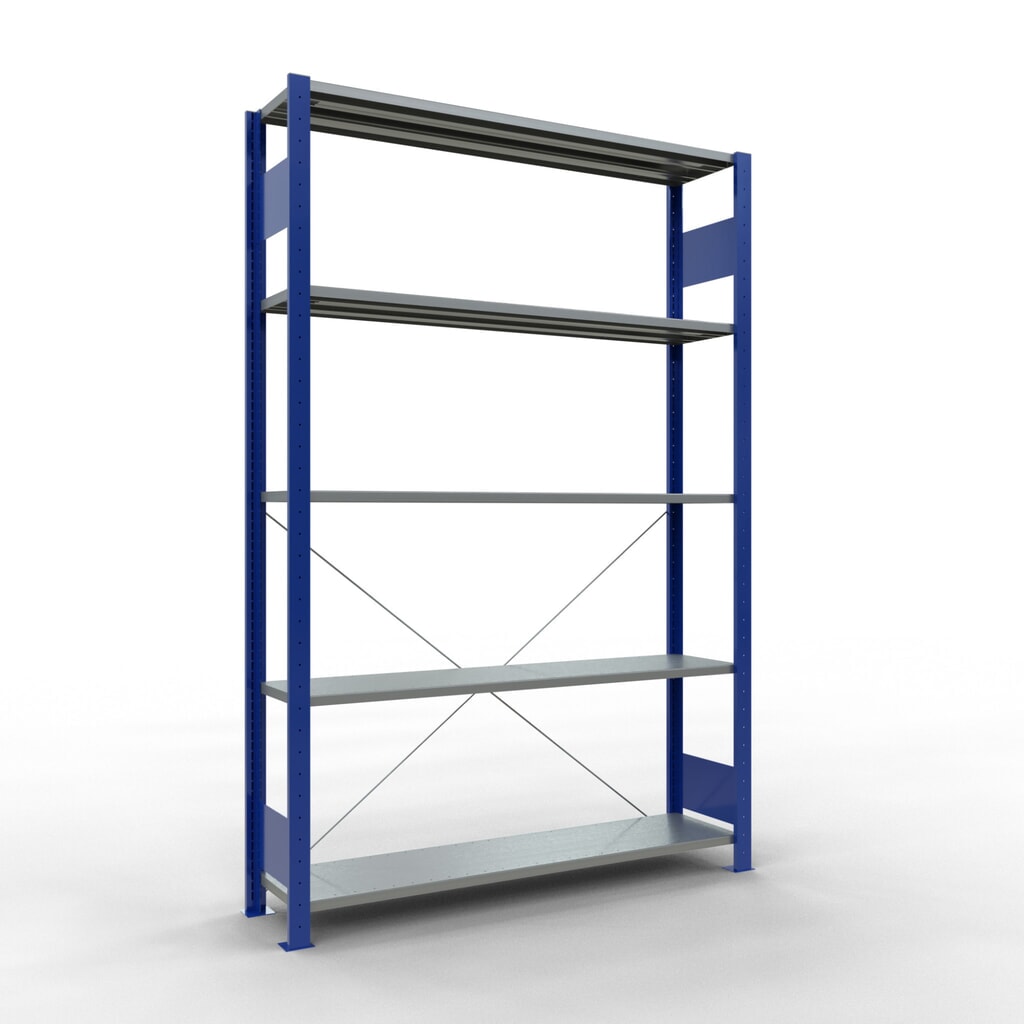 Immagine del prodotto: Scaffalatura a ripiani SCHULTE, blu genziana/zincato con 5 fondi in lamiera d'acciaio, portata per piano di 150 kg, AxLxP 2.000 x 1.360 x 336 mm