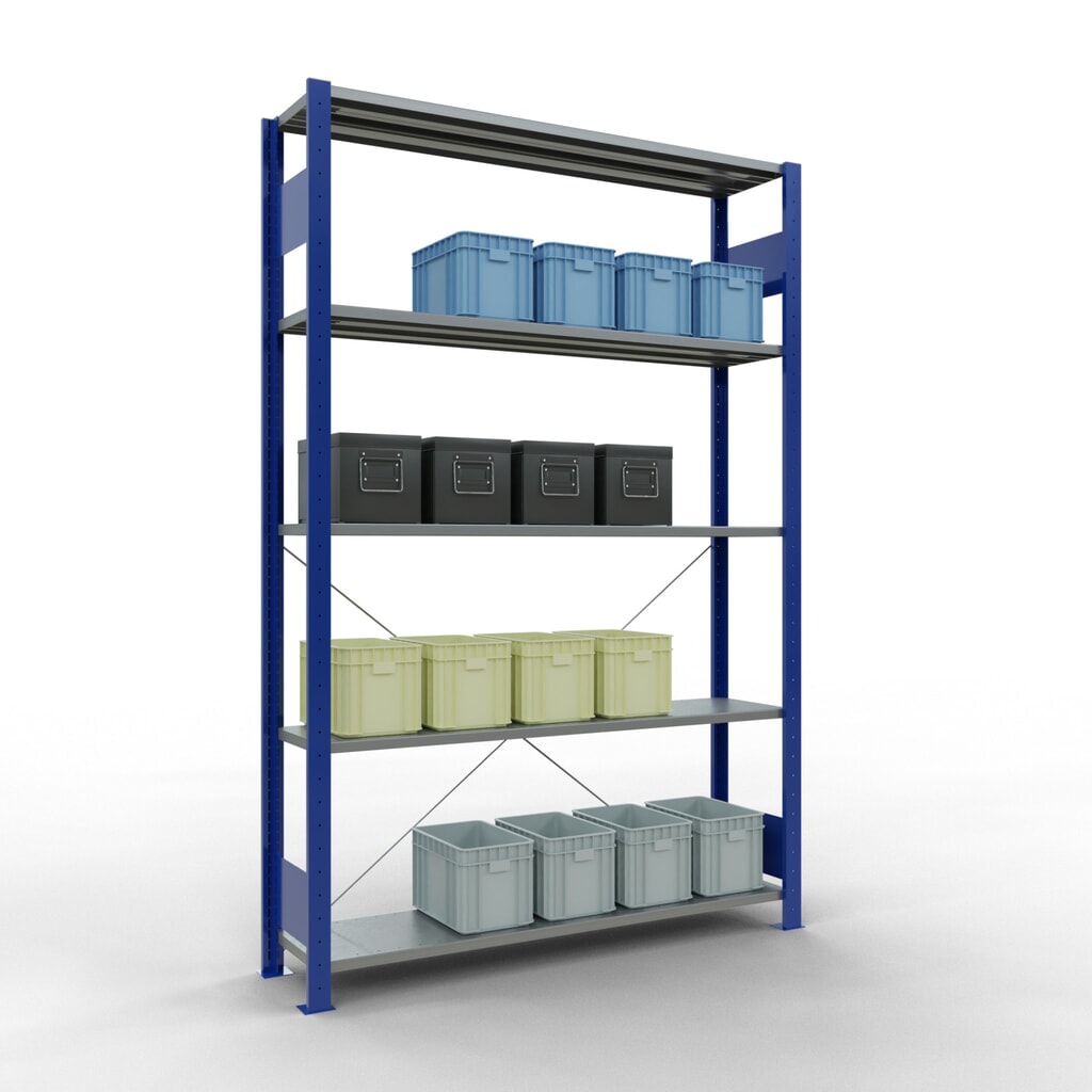 Scaffalatura a ripiani SCHULTE, blu genziana/zincato con 5 fondi in lamiera d'acciaio, portata per piano di 150 kg, AxLxP 2.000 x 1.360 x 336 mm Immagine del prodotto n. 4: Scaffalatura a ripiani SCHULTE, blu genziana/zincato con 5 fondi in lamiera d'acciaio, portata per piano di 150 kg, AxLxP 2.000 x 1.360 x 336 mm