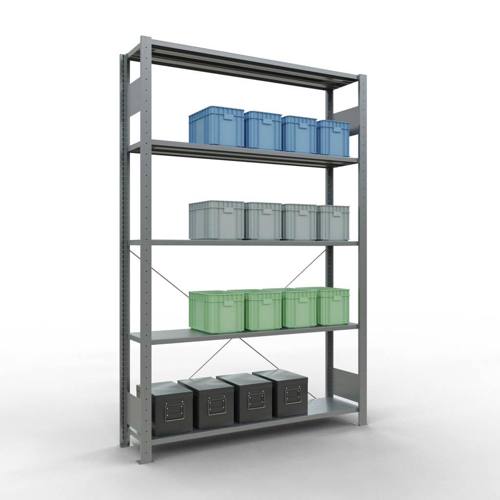 Immagine del prodotto n. 4: Scaffalatura a ripiani SCHULTE zincata con 5 fondi in lamiera d'acciaio, portata per piano di 150 kg, AxLxP 2.000 x 1.360 x 336 mm