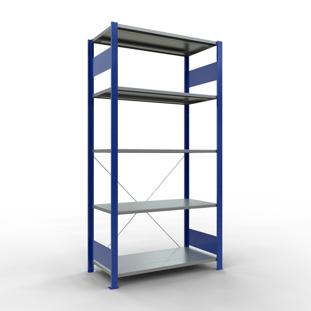 Immagine del prodotto: Scaffalatura a ripiani SCHULTE, blu genziana/zincato con 5 fondi in lamiera d'acciaio, portata per piano di 150 kg, AxLxP 2.000 x 1.060 x 536 mm