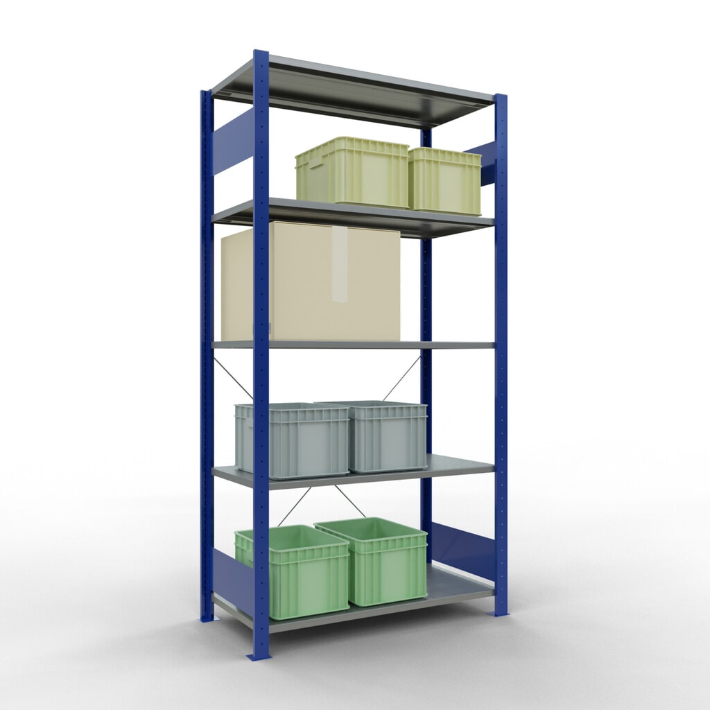 Scaffalatura a ripiani SCHULTE, blu genziana/zincato con 5 fondi in lamiera d'acciaio, portata per piano di 150 kg, AxLxP 2.000 x 1.060 x 536 mm Immagine del prodotto n. 4: Scaffalatura a ripiani SCHULTE, blu genziana/zincato con 5 fondi in lamiera d'acciaio, portata per piano di 150 kg, AxLxP 2.000 x 1.060 x 536 mm