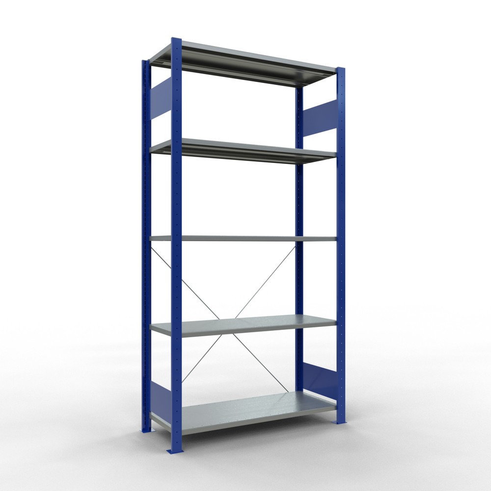Immagine del prodotto: Scaffalatura a ripiani SCHULTE, blu genziana/zincato con 5 fondi in lamiera d'acciaio, portata per piano di 150 kg, AxLxP 2.000 x 1.060 x 436 mm